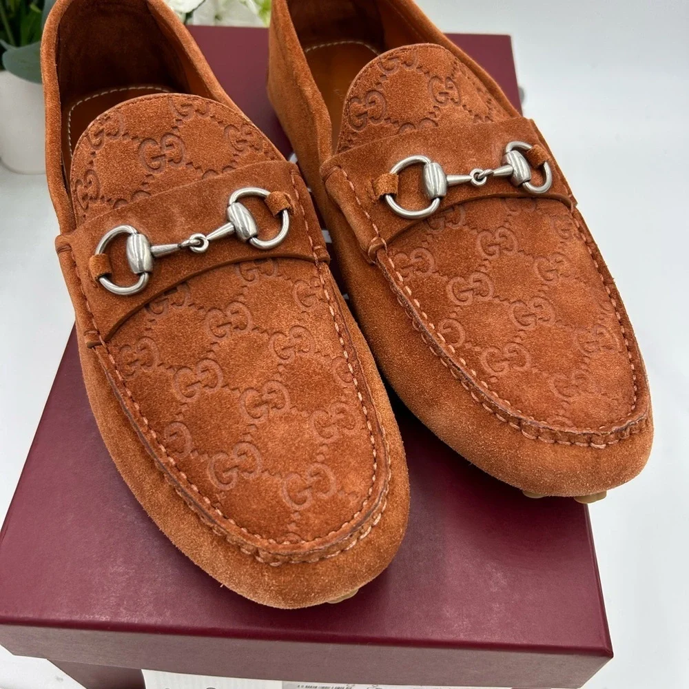 Men's Gucci horse bit suede GG loafers size 9 fits 10 US made in Italy
